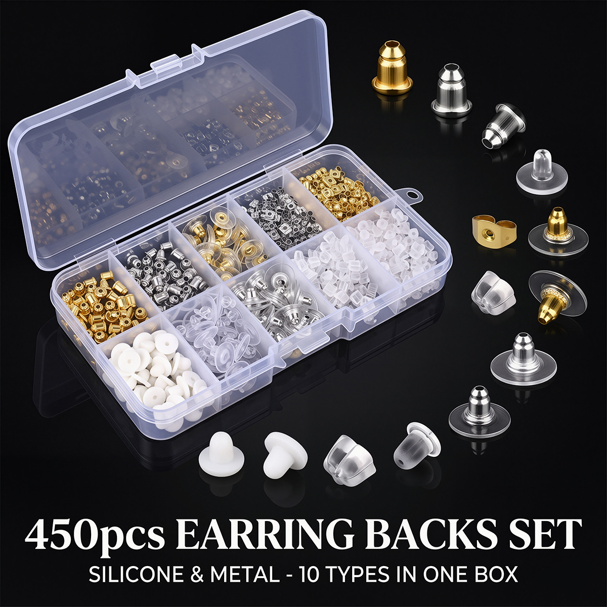 Jewelry Making Organizer Box - 450 Stück Silikon- und Metall-Ohrringstopper für